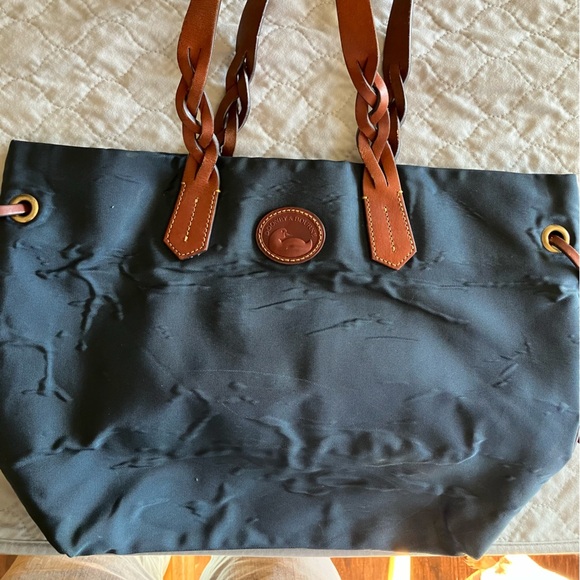 EUC Dooney and Bourke Leather and Nylon Shopper.  Navy blue. 12.5”x18” - Picture 1 of 9